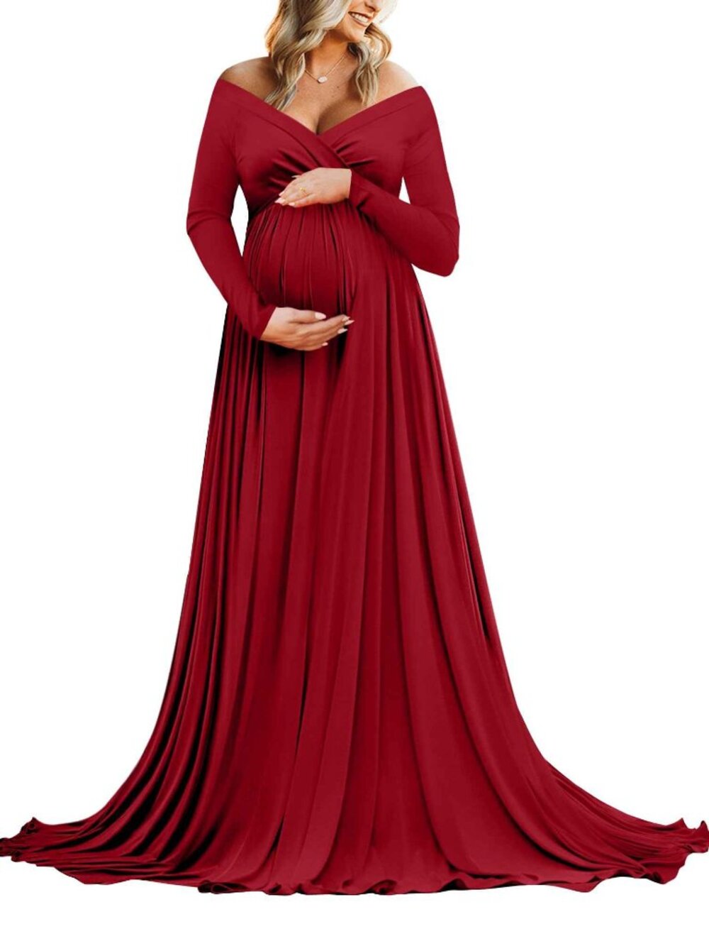 Maternity Off Shoulders Long Sleeve  Burgandy Dress N3585